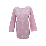 Mogul Womens Bohemian Tunic top Indian Hand Embroidered Pink Kurti Kurta