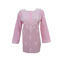 Mogul Womens Bohemian Tunic top Indian Hand Embroidered Pink Kurti Kurta