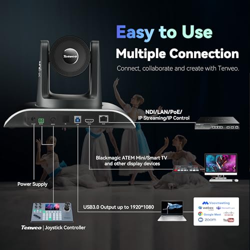 Tenveo PTZ NDI Camera 20x Optical Zoom with AI Auto Tracking, HDMI/LAN/USB3.0 PoE, FHD 1080P 60FPS for Church/Live Streaming/Video Conferencing