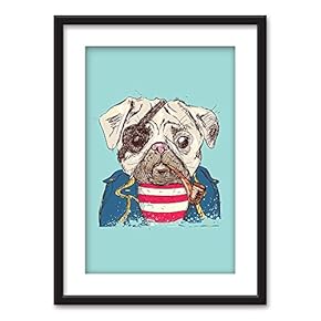 Framed Wall Art - Hand Drawn Pug Dog a Pipe - Black Picture Frames White Matting - 23x31 inches