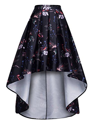 Choies Women's Black Bird And Floral Print Hi-lo Skater Dress L