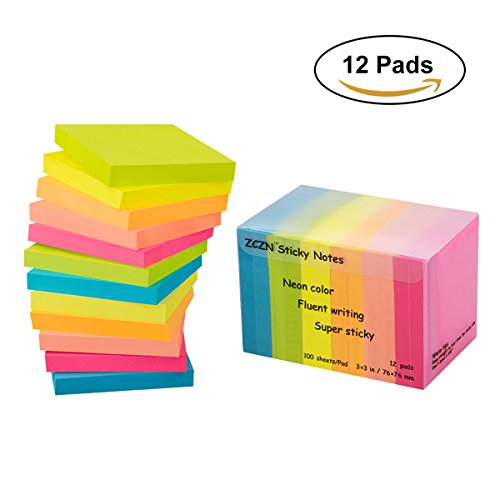 ZCZN 6 Bright Color Sticky Notes,3 in x 3 in 12 Pads/Pack 100 Sheets/Pad Sticky issue is improved (12 pack)