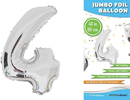 Rainbowloons Jumbo Mylar Foil Balloon, 40-Inch, Glossy Silver, Number 4