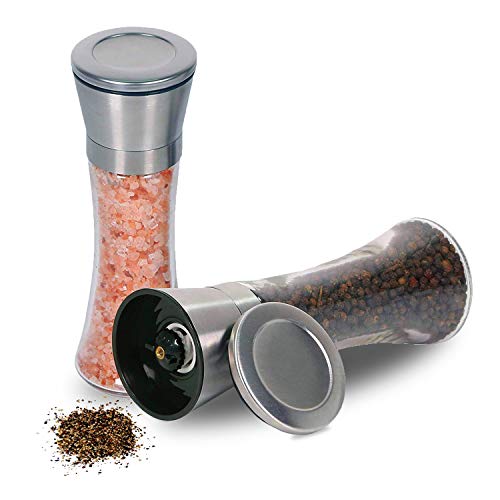 Salt and Pepper Grinder Set, Trofoty Elegant Salt and Pepper Mill Set with Adjustable Ceramic Grinder, Stainless Steel and Glass, Salt and Pepper Shaker with Lid 6 OZ Set of 2