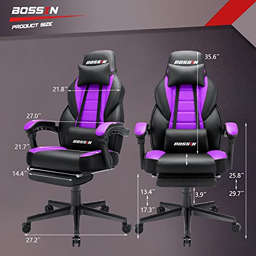 BOSSIN Purple Gaming Chair, Leather Computer Desk Chair with Footrest and Headrest, Ergonomic