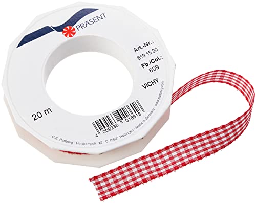 PRAESENT - Vichy Wired Ribbon Red-White 15 mm width, 20 m length