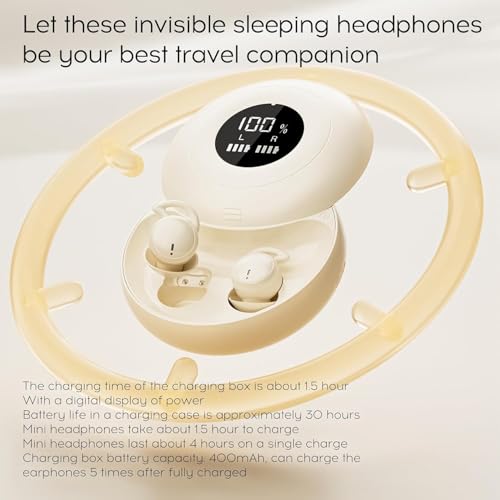 sunvito Sleep Earbuds for Side Sleepers, Mini Invisible Wireless Bluetooth 6.0 Micro Sleep Headphones, Hidden Earbuds with LED Screen for Small Ears Sleeping, Exercise, Working, Hiking (Off-White)