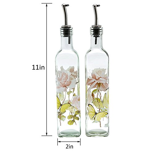 CEDAR HOME Olive Oil Bottle Set Glass Dispenser Vinegar Cruet 17oz. with Stainless Steel Leak Proof Pourer Spout for Cooking or Salad Dressing, 2 Pack, Pink
