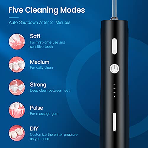 Irrigatore Orale Professionale, Filo Interdentale Portatile, 5 Modalità e 4 Specie 360° Sostituzione di ugello Rotante, Cura Dentale, Linea di Acqua orale, Ricarica USB, Adatto per Viaggi e Famiglia