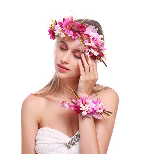 June Bloomy Flower Crown Hair Wreath Maternity Photo Shoot Garland Halo with Wrist Band (D-Purple)