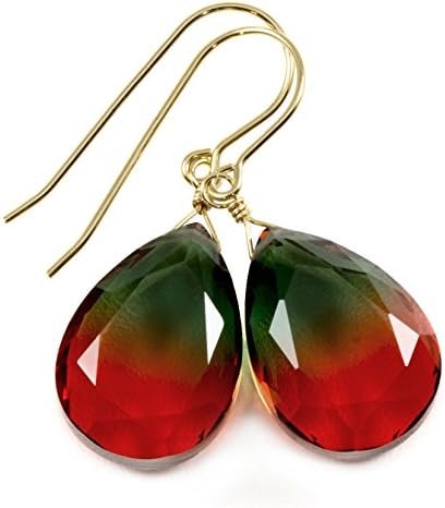 Spyglass DesignsBi Color Simulated Tourmaline Green Orange Earrings Faceted Teardrops Simple Dangle Drops 1.4"