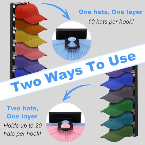 2 Pieces Hat Rack Wall Mounted Hat Rack for Up to 40 Hats, Hat Holder with Visor, Self Adhesive Holders, Hat and Cap Organizer, Hat Box for Rooms, Doors