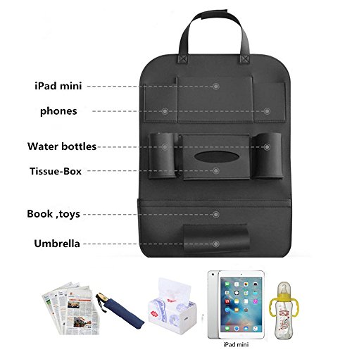 Fincy Palmoo PU Leather Car Back seat Organizer and iPad Mini Holder, Back Seat Kick Protectors for Kids, Storage Bottles, Tissue Box, Toys - (2 Pack,Black) - Thumbnail 2