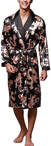 Previn Men's Bathrobe Long Satin Robes Dressing Gown Shawl Collar Kimono Dragon Nightwear
