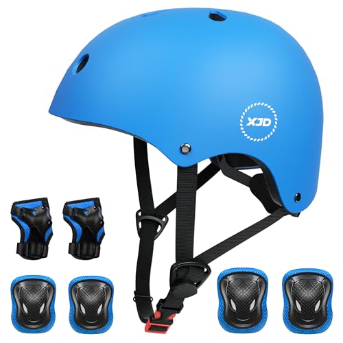 XJD Fahrradhelm Kinder Schoner Set(7er) Kinder Helm mit Knie- & Ellenbogen- & Handgelenkschützer Verstellbarer Schutz Jugend Skaterhelm für 3-13 Jahre