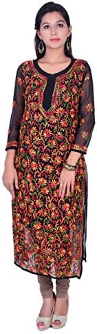 Rohiaby Chhangamal Women's Black Georgette Traditional Lucknow Chikan Kurti