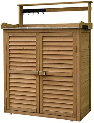 Amazon Com 47in Outdoor Garden Solid Wood Storage Shed Patio Tool Storage Cabinet Shutters Design 3 Layer Courtyard Tool Storage Cabinet Storage Cabinets For Lawn Care Pool And Garden Accessories Garden