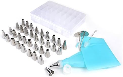 Getek Piping tips, 42 PCS Cake Decoration Tips Set, 36 Stainless Steel Icing Tips, 2 Silicone Pastry Bag, 2 Coupler, 2 Flower Nails, 1 Cleaning Brush &amp; Storage Box for Cakes, Cupcakes, Cookies, Pastry