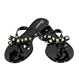 TENGYUFLY Womens Rivets Bowtie Flip Flops Jelly Thong Sandal Rubber Flat Summer Beach Rain Shoes Black