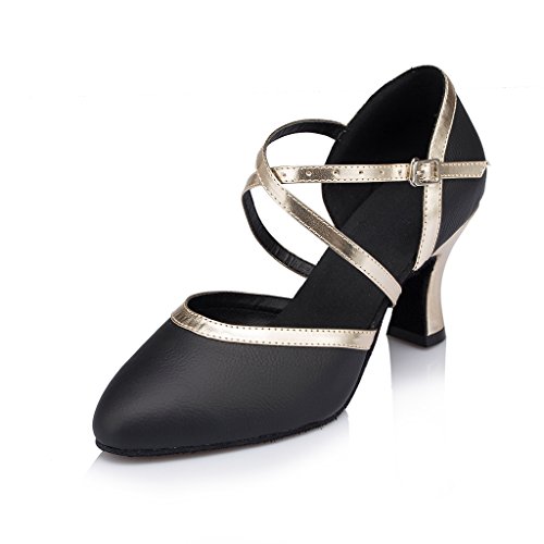 Women's Stylish Round Toe Black Leather/Gold PU Color Block Ballroom Morden Salsa Latin Tango Party Wedding Professional Dance Shoes