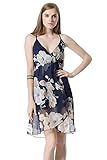 Moxeay Sexy V Neck Spaghetti Straps Back Cross Floral Print Chiffon Dress (L, Blue)