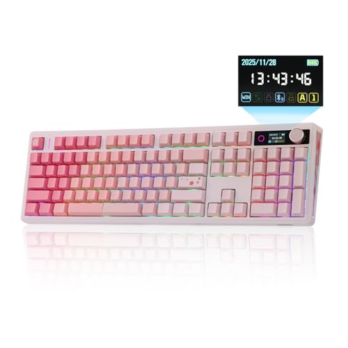 EPOMAKER TH108 V2 PRO Full Size Mechanical Keyboard with Screen&Knob, 10000mAh, BT/2.4Ghz, Mac Modifier PBT Keycap, Hot Swap, RGB, Gasket, Wireless Gaming Keyboard for Mac/PC (Pink, Creamy Jade)
