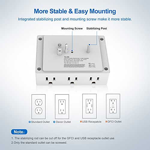 Outlet Extender with USB, 1050 Surge Protector, Multi Plug Outlet Extender with 4 USB Ports, 6-Outlet Wall Mount Adapter Widely Spaced with Top Phone Holder for Home, Dorm Essential, Office-White