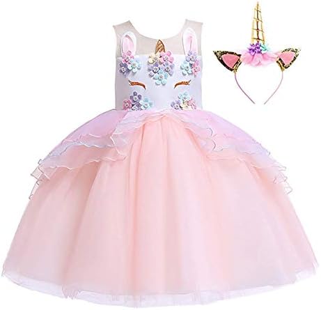 Baby Girl Unicorn Costume Dress Pageant Flower Princess Party Dresses with Headband Rainbow Tutu Skirt Birthday Wedding