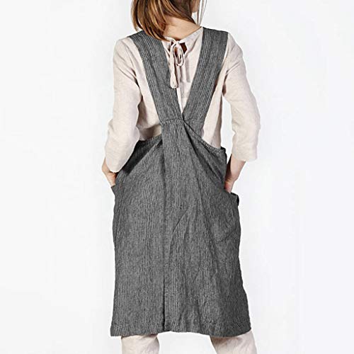 TIFENNY Women Cotton Linen Stripe Pinafore Square Cross Apron X Backless Garden Work Pinafore Dress with Pocket Gray