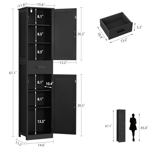 WEENFON Tall Bathroom Cabinet with 6 Shelves, Narrow Bathroom Storage with 2 Doors, Narrow Storage Cabinet, for Bathroom, Living Room, Kitchen, Black, 30×40×170CM