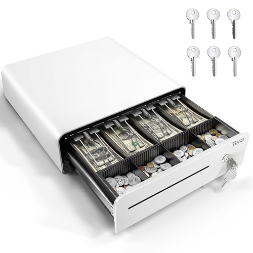 Tera Cash Register Drawer 13 inch: Auto Open with 6 Keys Heavy Duty 4 Bill 4 Coin Removable Cash Tray Media Slot 24V RJ12 Key-Lock Round Corner for POS System Small Businesses Retail 335R White