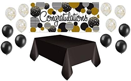 Chip Chap Kids Graduation Party Decorations and Supplies - Black Gold Congratulations Banner 5FT x 2.25FT Black Tablecover Gold Confetti Balloons Black Balloons