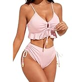 SKAYS Women's Two Piece Swimsuit Ruffle Bikini High Waisted Bikini Sets Halter Bathing Suit for Curvy Women with Drawstring