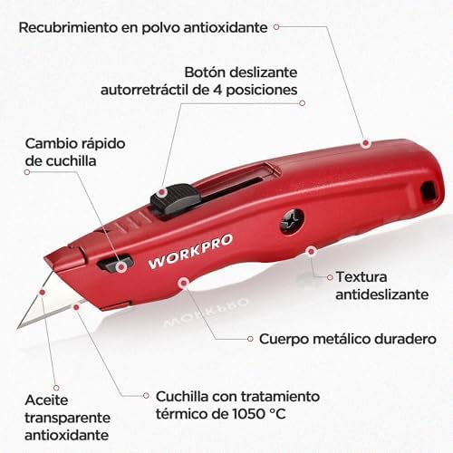 Cutter Profesional, Cúter Universal, Cortador Profesional con Mango de Aluminio Antideslizante, Cuchillo con 10 Cuchillas Adicionales, Rojo