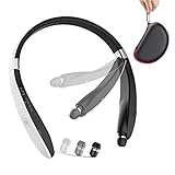 Beartwo Foldable Bluetooth Headset, Neckband Sports Wireless Headset with Retractable Earbuds, Noise-Canceling Sweat-proof Stereo Bluetooth Headphones with Mic for Bluetooth Enabled Devices (White)