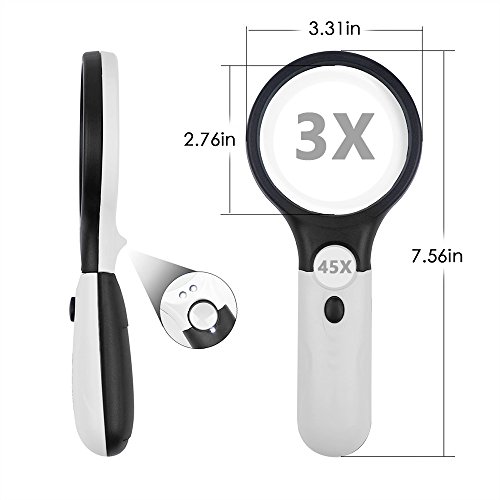 2 Pack Handheld Led Illuminated Magnifying Glass, 3X 45x Magnifier Lens, Nighted Magnifying Glasses Magnifier with Light for Reading Maps, Jewelry Cleaning, Watch Repair Tools