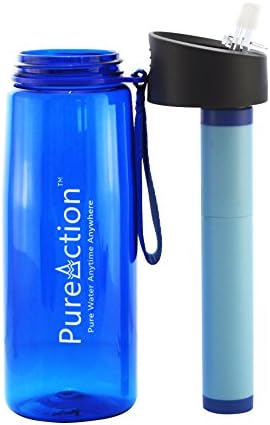 PureAction GO Water Filter Bottle with Integrated 1500-liter Filter for Hiking/Camping/Survival - 50% More Filtration Capacity than LifeStraw GO - Removes 99.9% of Waterborne Bacteria - Blue, 23 fl.oz