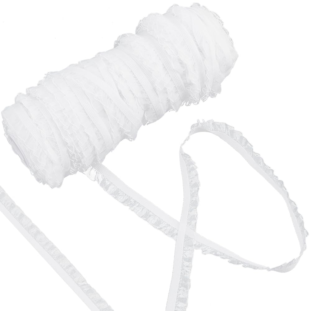 GORGECRAFT 50 Yards Elastic Ruffle Lace Trim 1.5cm Chiffon Pleated Stretch Ribbon Frilly Lace Fabric Gathered Edging Trimming for Hair Tie Headband Lingerie Underwear Sewing Crafts Home Decor White