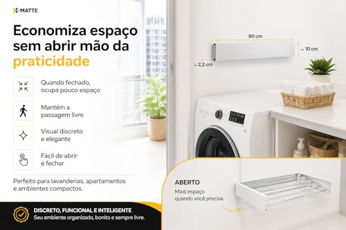 Varal Retrátil De Parede Magico Secreto Recolhível Resistente Em Alumínio Reforçado Para Lavanderia Apartamento e Economiza Espaço Invisivel Dobrável 80cm Com 5 Varetas X-MATTE (BRANCO)