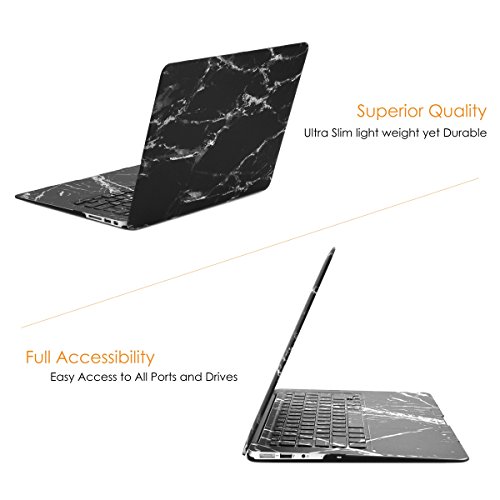 TOP CASE – 2 in 1 Bundle Deal Black Marble Pattern Rubberized Hard Case + Vinyl Full Keyboard Decal Sticker for MacBook Air 13" (13" Diagonally) Model: A1369 / A1466 - Black