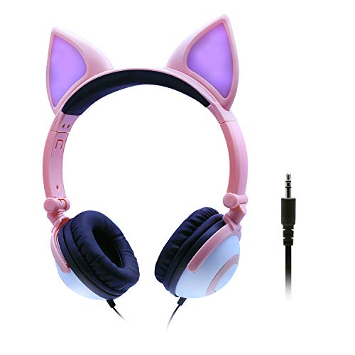 ONTA Kids Headphones with Cute LED Glowing Cat Ears,Foldable, Noise-Canceling and Adjustable Toddlers Headphones for Boys and Girls (Pink)
