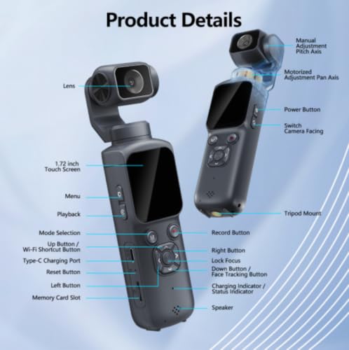 H-Bocam Vlog Camera 4K WLAN 75MP Vlogging Camera, 1.72 Inch Touch Screen, Quick Focus, Face Tracking, Small Handheld Camera for Travel, Outdoor Sports, with Tripod, 16GB Card, 2400mAh Battery