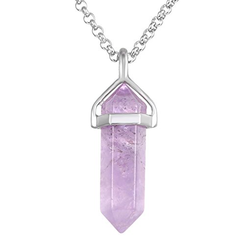 Gemstone Necklace, BRCbeads Amethyst Pendant Crystal Hexagonal Healping Point Reki Chakra Unisex Stainless Steel Chain 20''