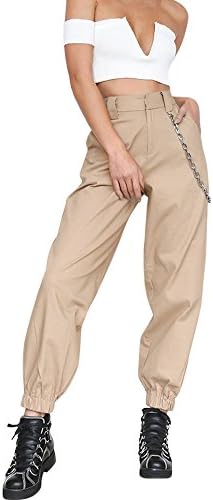Yalasga Harem Baggy Pants For Women,Teens Girls Casual Hip Hop Dance Jogging Sweat Pants Slacks Trousers With Pocket Chain (Khaki, XL)