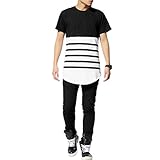 OLRIK Mens Hipster Hip Hop Basic Longline Crewneck Black And White Stripes T-shirt