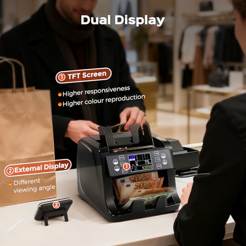 Bonvoisin Banknote Counter, Value Count for Mixed Euro Banknotes with UV/MG/IR/MT Counterfeit Detection, 1500 Pieces/Min, Professional Money Counter Machine with TFT and External Display