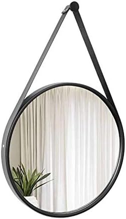 Espelho Decorativo Adnet Preto Alça Corino Preta 40 Cm De Redondo