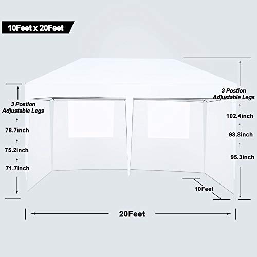 charaHOME 10'x20' Outdoor Canopy Tent, Pop up Canopy Tent,Gazebo Portable Wedding Party Tent Carrying Case/Bag,Adjustable Folding Gazebo Pavilion Patio Shelter with 6 Removable Side Walls,White