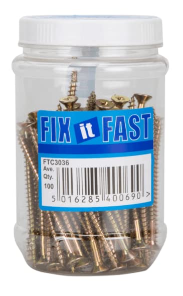 Hardware Solutions - Chipboard Screws - Pozi Head - Yellow Zinc Plated - 5.0 x 75mm - Pack 100 - Reusable Jar