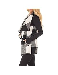KIRJAUDU Womens Lapel Open Front Sleeveless Plaid Vest Cardigan with Pockets S-XXL